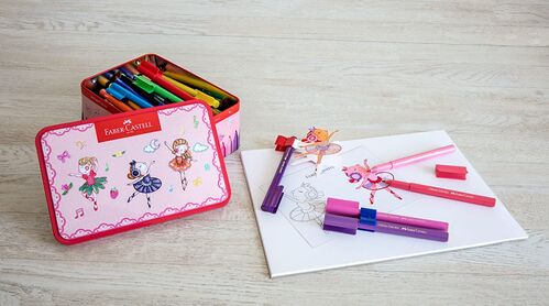 FABER CASTELL CAJA METALICA CON 33 ROTULADORES CONNECTOR, 10 clips y 2 plantillas para colorear con motivo de bailarina, multicolor