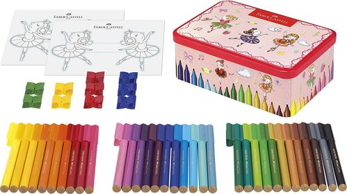 FABER CASTELL CAJA METALICA CON 33 ROTULADORES CONNECTOR, 10 clips y 2 plantillas para colorear con motivo de bailarina, multicolor