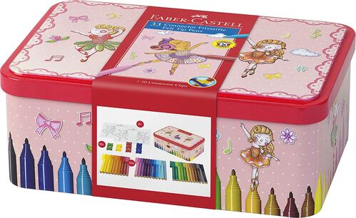 FABER CASTELL CAJA METALICA CON 33 ROTULADORES CONNECTOR, 10 clips y 2 plantillas para colorear con motivo de bailarina, multicolor