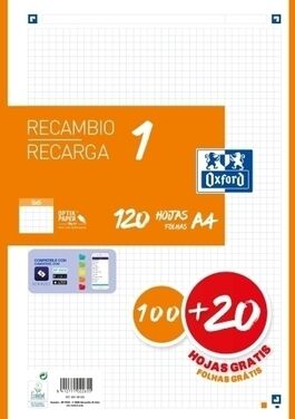 RECAMBIO OXFORD SCHOOL COLOR 1 A4 100h 90gr 4 TALADROS CUADRIC.5x5 NARANJA (1 color en banda)