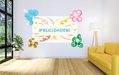 CARTEL FELICIDADES Y GLOBOS. DECORACIN DE FIESTAS. COOLZINGS.