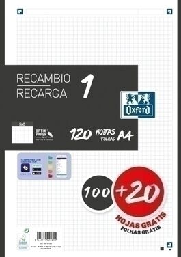 RECAMBIO OXFORD SCHOOL COLOR 1 A4 120h (100+20) 90gr 4 TALADROS CUADRIC.5x5 NEGRO (1 color en banda)