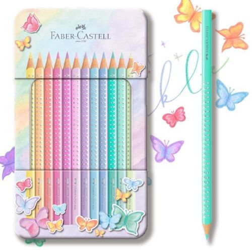 LAPIZ FABER SPARKLE 12 COLORES PASTEL CAJA METALICA.