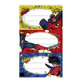 ETIQUETAS ESCOLARES SUPER HEROE BLISTER 9 UNIDADES SURTIDAS.