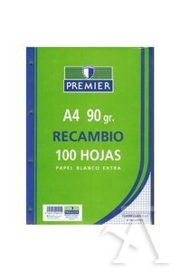 RECAMBIO LISO PREMIER A4 100 HOJAS PAPEL 90GR 4 TALADROS.