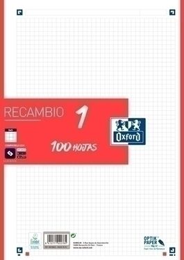 RECAMBIO OXFORD SCHOOL COLOR 1 A4 100h 90gr 4 TALADROS CUADRIC.5x5 ROJO (1 color en banda)