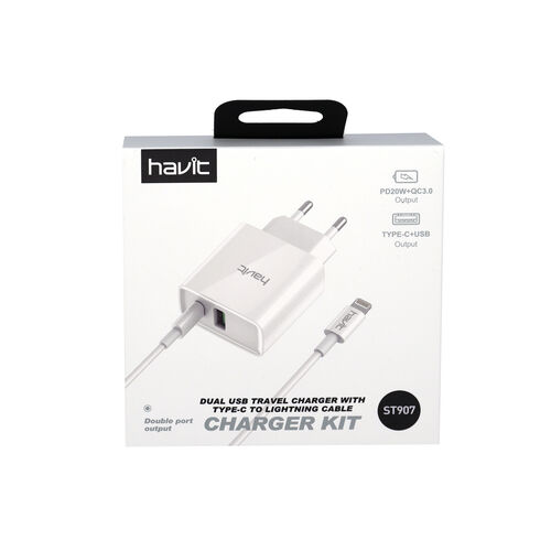 CARGADOR USB CARGA RAPIDA 3.0 SV CON CABLE TIPO C a CABLE LIGHTNING MODELO ST907 BLANCO HAVIT