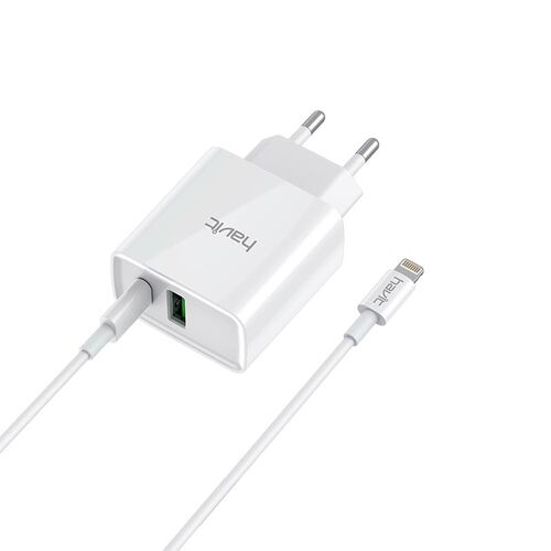 CARGADOR USB CARGA RAPIDA 3.0 SV CON CABLE TIPO C a CABLE LIGHTNING MODELO ST907 BLANCO HAVIT