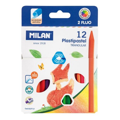 MILAN Caja 12 Plastipastel triangulares (contiene 2 colores fluo)