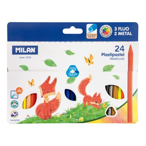 MILAN Caja 24 Plastipastel triangulares (contiene 3 colores fluo y 2 metal)